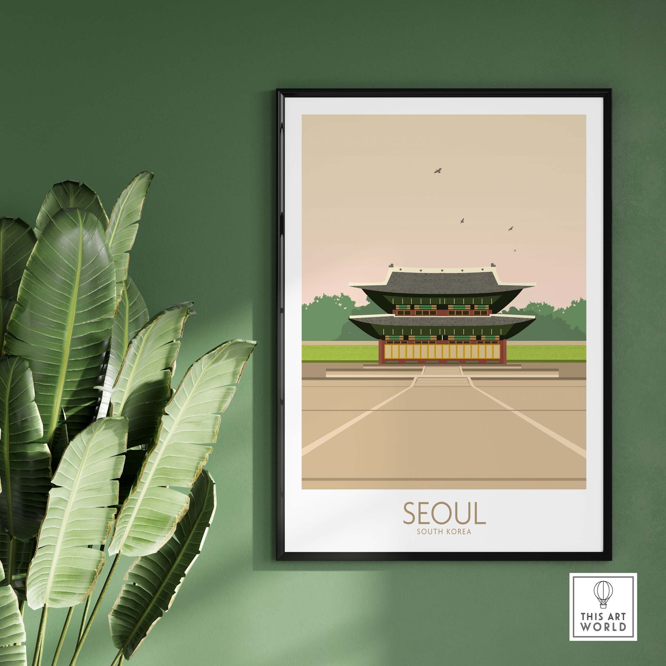 Seoul Print South Korea Travel Poster featuring traditional architecture against a green wall with leafy decor.