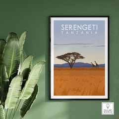 Serengeti Print Tanzania Travel Poster showcasing giraffes against a sunset backdrop, perfect for home decor.