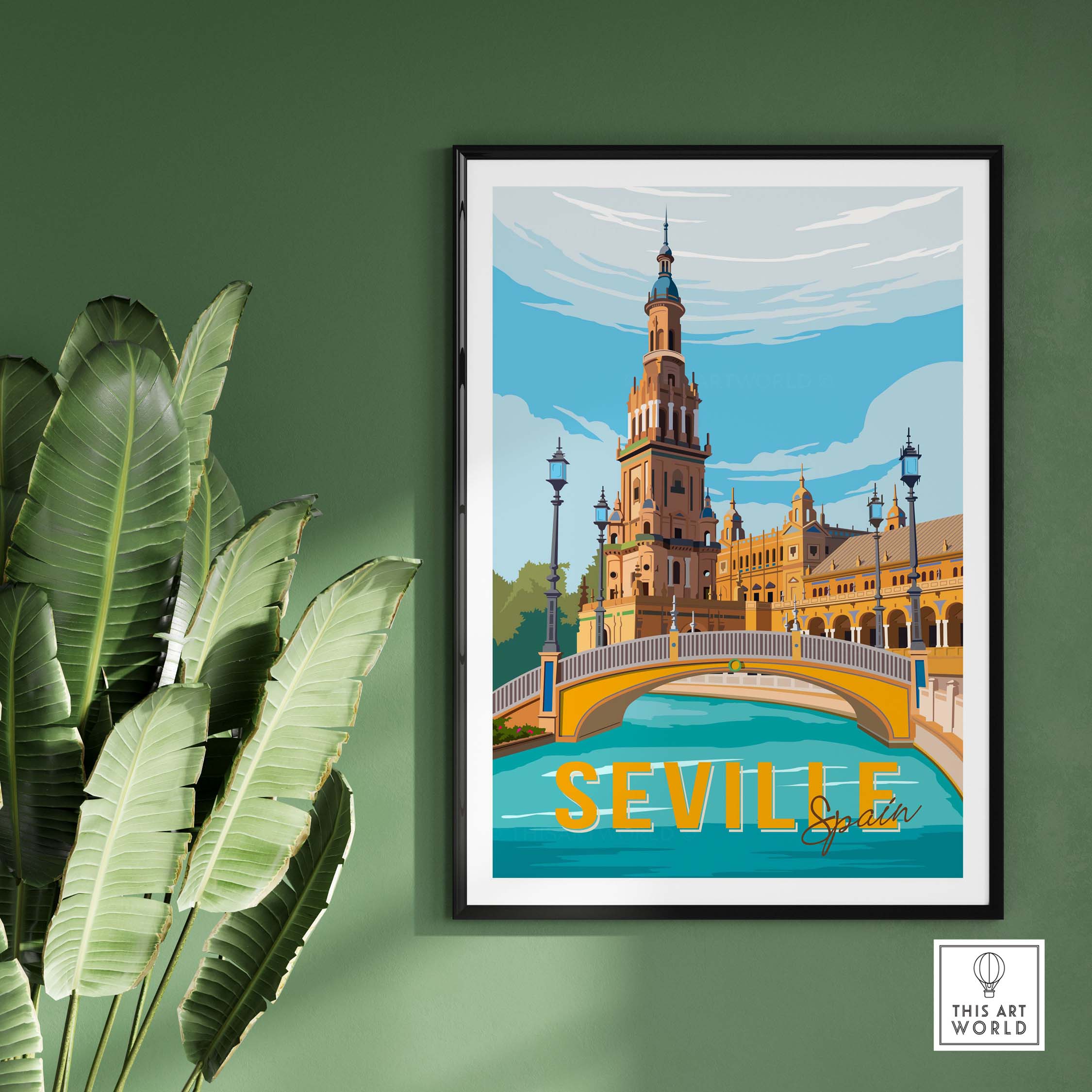 Seville print poster wall art featuring iconic architecture and vibrant colors, perfect for home or office decor.