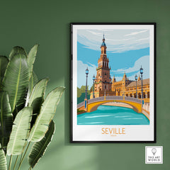 Seville travel poster print featuring iconic architecture and lush greenery, perfect for home or office decor.