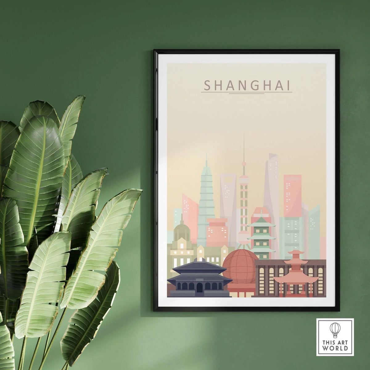 Framed Shanghai Skyline Print in pastel colors on a green wall, showcasing iconic architecture and cityscapes.