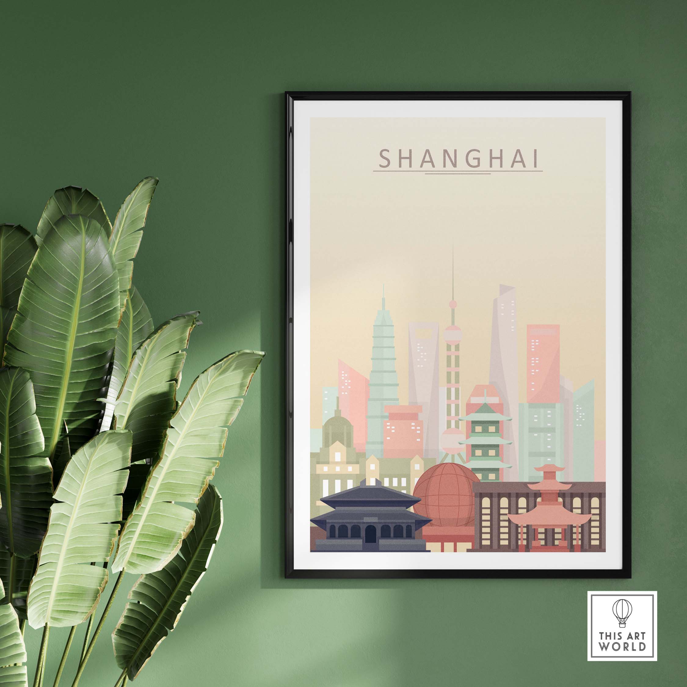 Framed Shanghai Skyline Print in pastel colors on a green wall, showcasing iconic architecture and cityscapes.