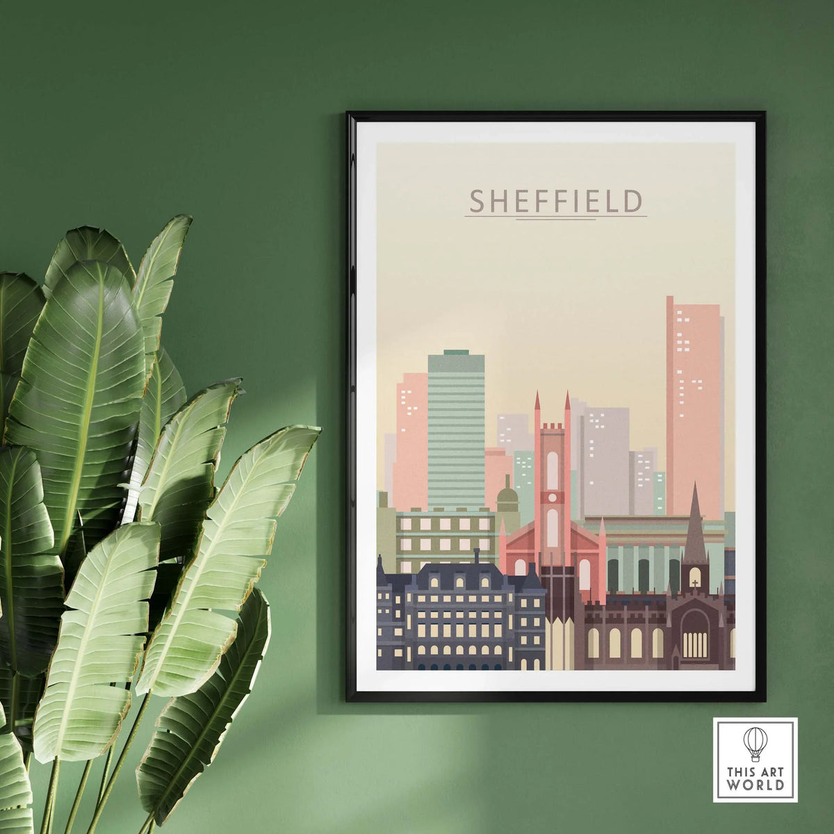 Sheffield city skyline poster in warm pastel tones on a green wall, showcasing iconic architecture.