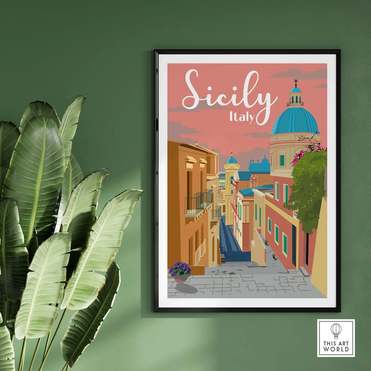 Sicily Print Italy Poster featuring colorful streets and architecture, perfect for home or office wall decor.