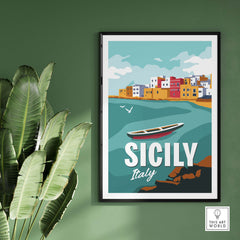 Sicily Poster Wall Art Print featuring colorful coastal scenery and a boat, perfect for home or office decor.