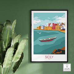 Sicily poster travel art print featuring a coastal scene with a boat and colorful buildings in Italy.