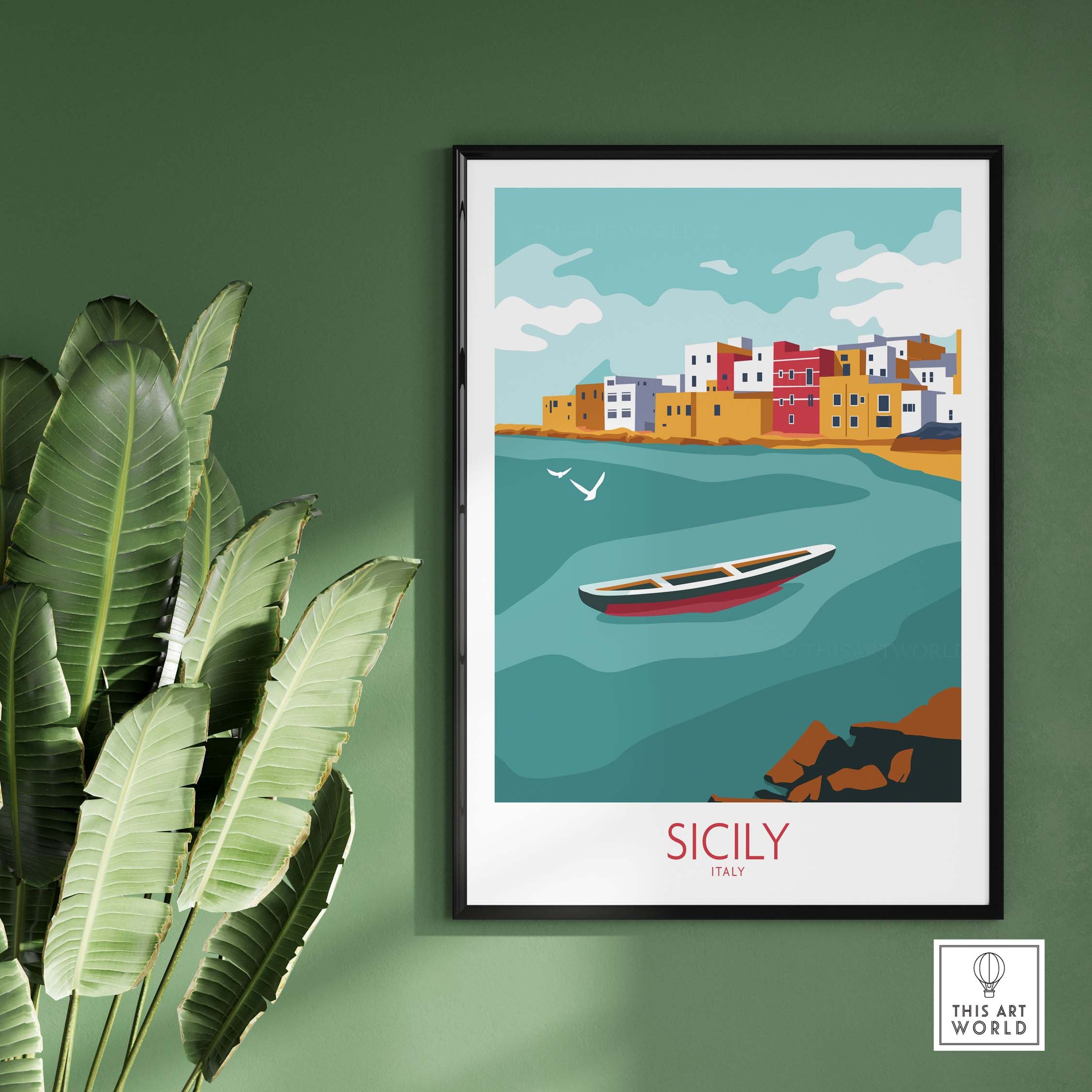 Sicily poster travel art print featuring a coastal scene with a boat and colorful buildings in Italy.