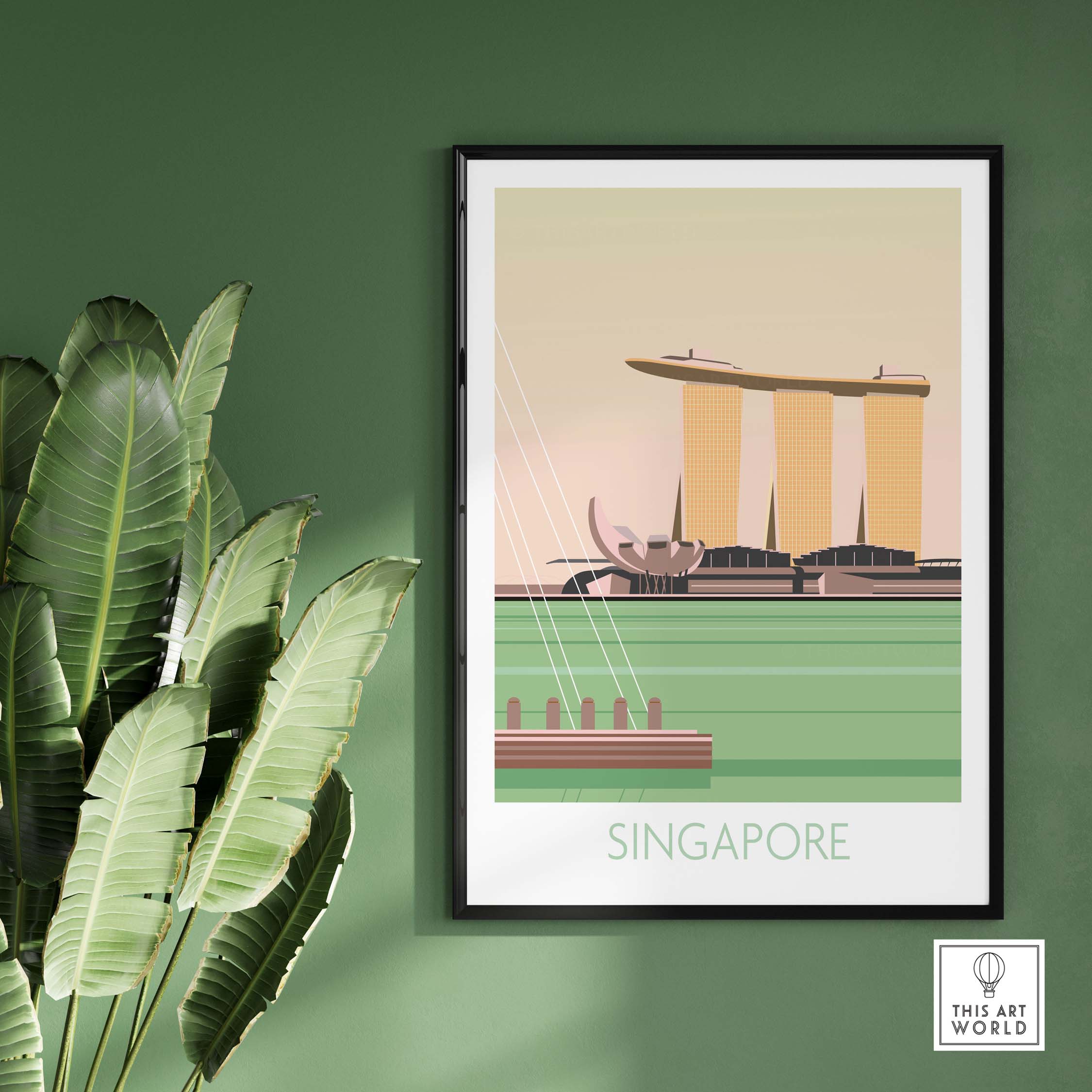 Singapore Print Travel Poster showcasing iconic cityscape with green accents, perfect for home or office decor.