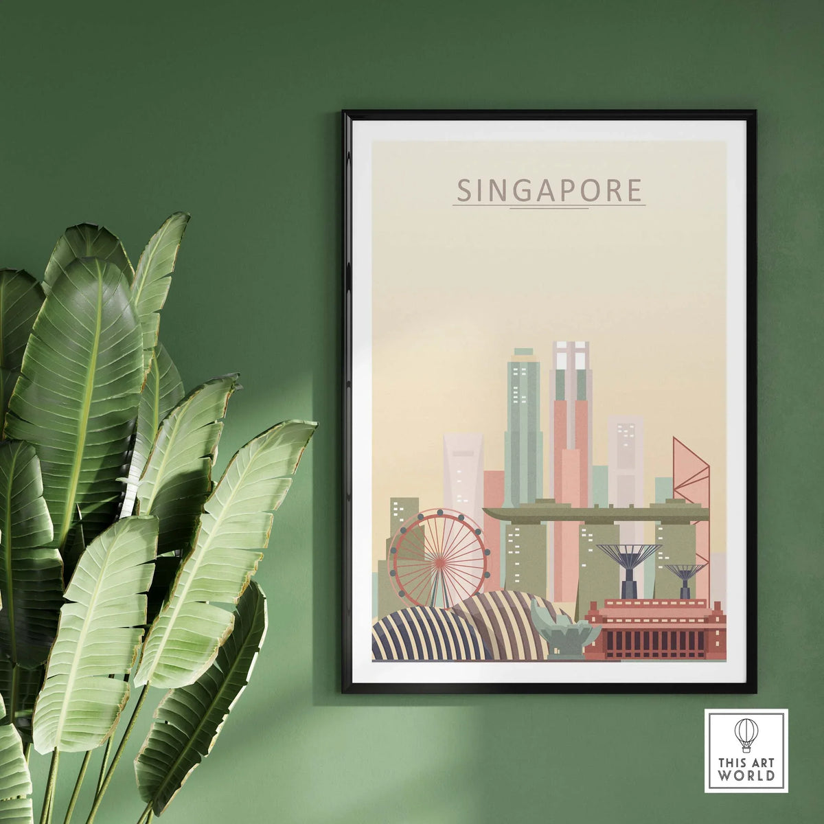 Singapore skyline wall art poster in pastel tones, framed and displayed on a green wall with tropical plants.
