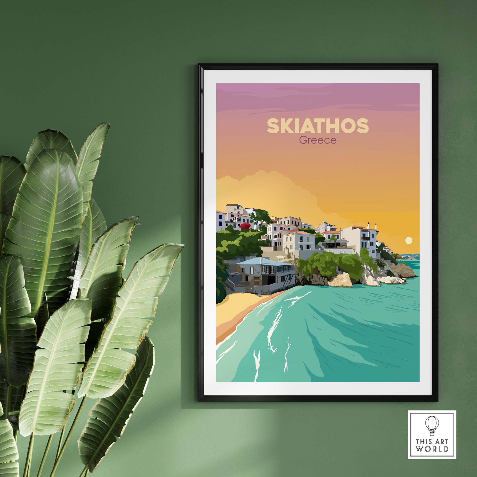 Skiathos travel poster print featuring a beachside view and vibrant colors, perfect for home or office decor.