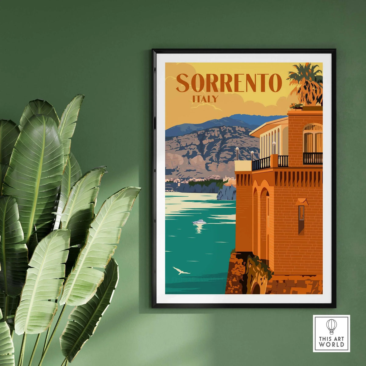 Sorrento Poster Print Wall Art featuring vibrant Italy scenery and vintage design ideal for home decor.