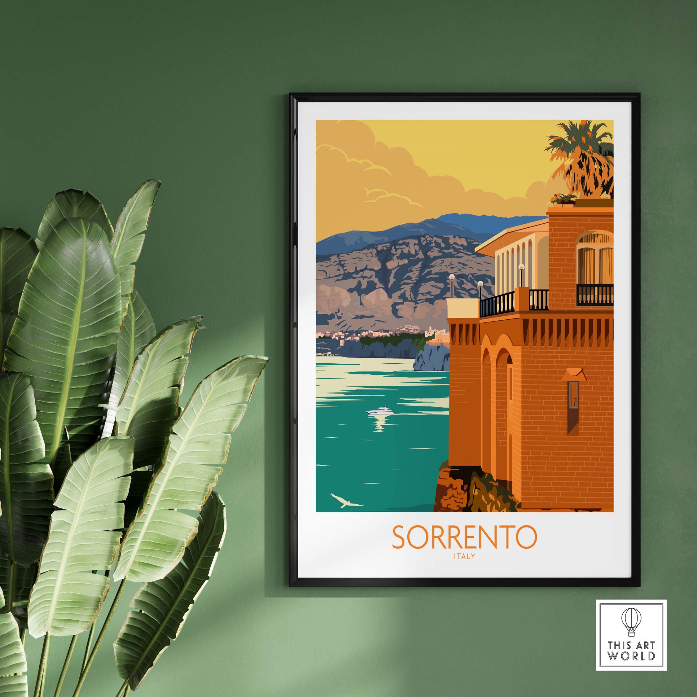 Sorrento Poster Travel Print showcasing Bay of Naples with vibrant colors, ideal for home or office decor.