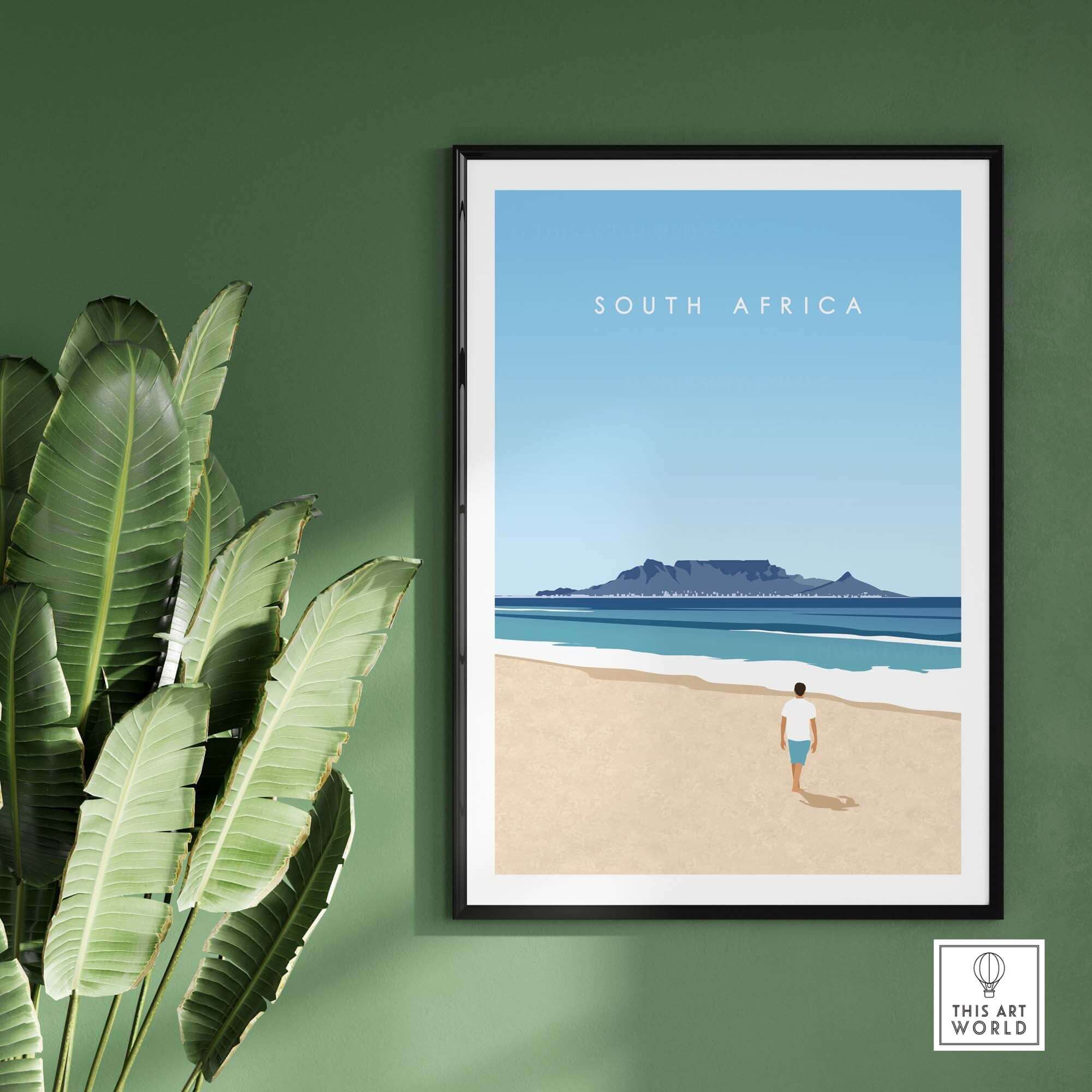 South Africa travel poster print featuring a minimalist beach scene with Table Mountain and a person walking on sand.