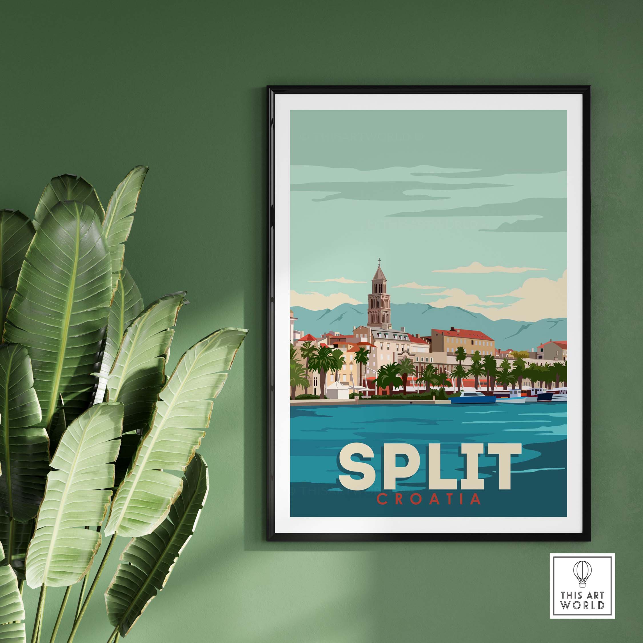 Split Croatia vintage travel poster art print featuring coastal scenery and palm trees.