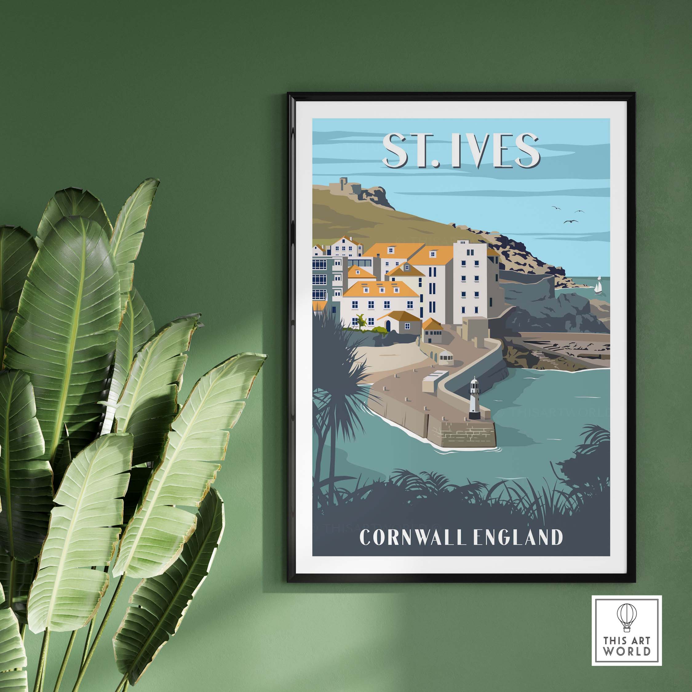 St Ives Poster Cornwall Print featuring a coastal scene with buildings and palm trees, perfect for home or office decor.