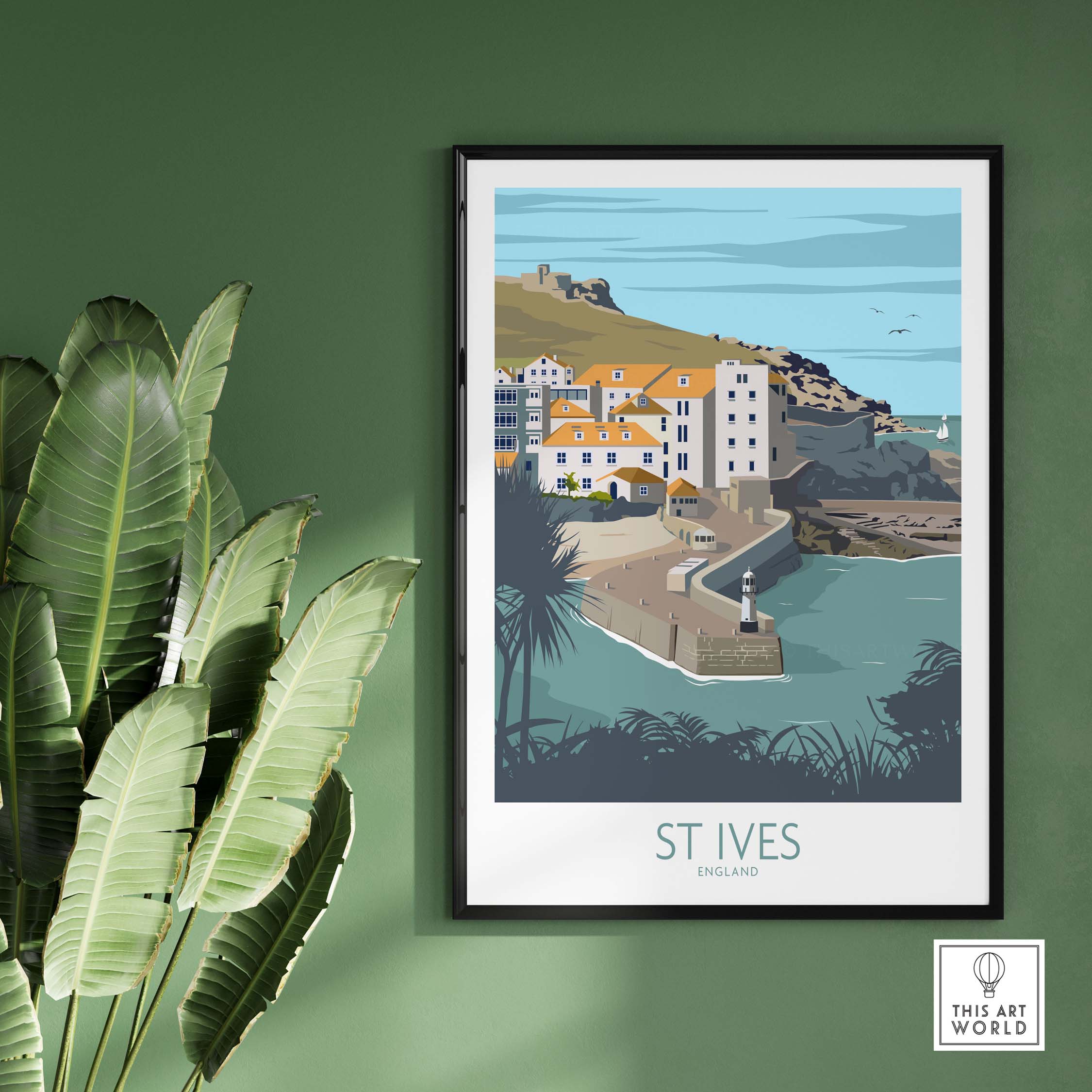 St Ives Cornwall vintage travel poster print showcasing coastal scenery and colorful buildings.
