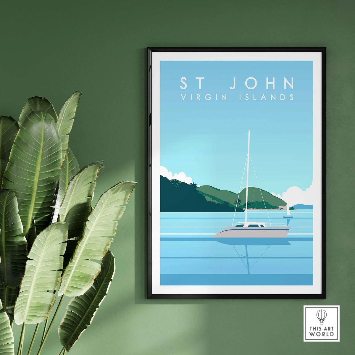 St John Virgin Islands travel poster featuring a serene sea view and a sailboat, perfect for home decor.