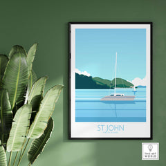 Stylish Virgin Islands St John print featuring a sailboat on serene waters, perfect for home or office decor.
