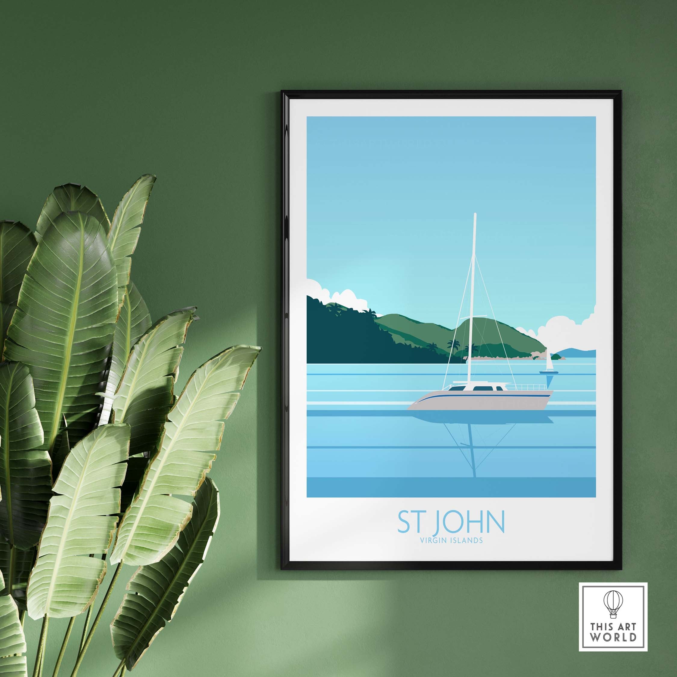 Stylish Virgin Islands St John print featuring a sailboat on serene waters, perfect for home or office decor.