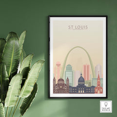 St Louis City Skyline Wall Art Print featuring iconic buildings in pastel colors, framed against a green wall.
