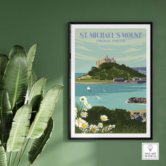 St. Michael's Mount print featuring a coastal view of Cornwall, framed artwork evoking vintage travel inspiration.
