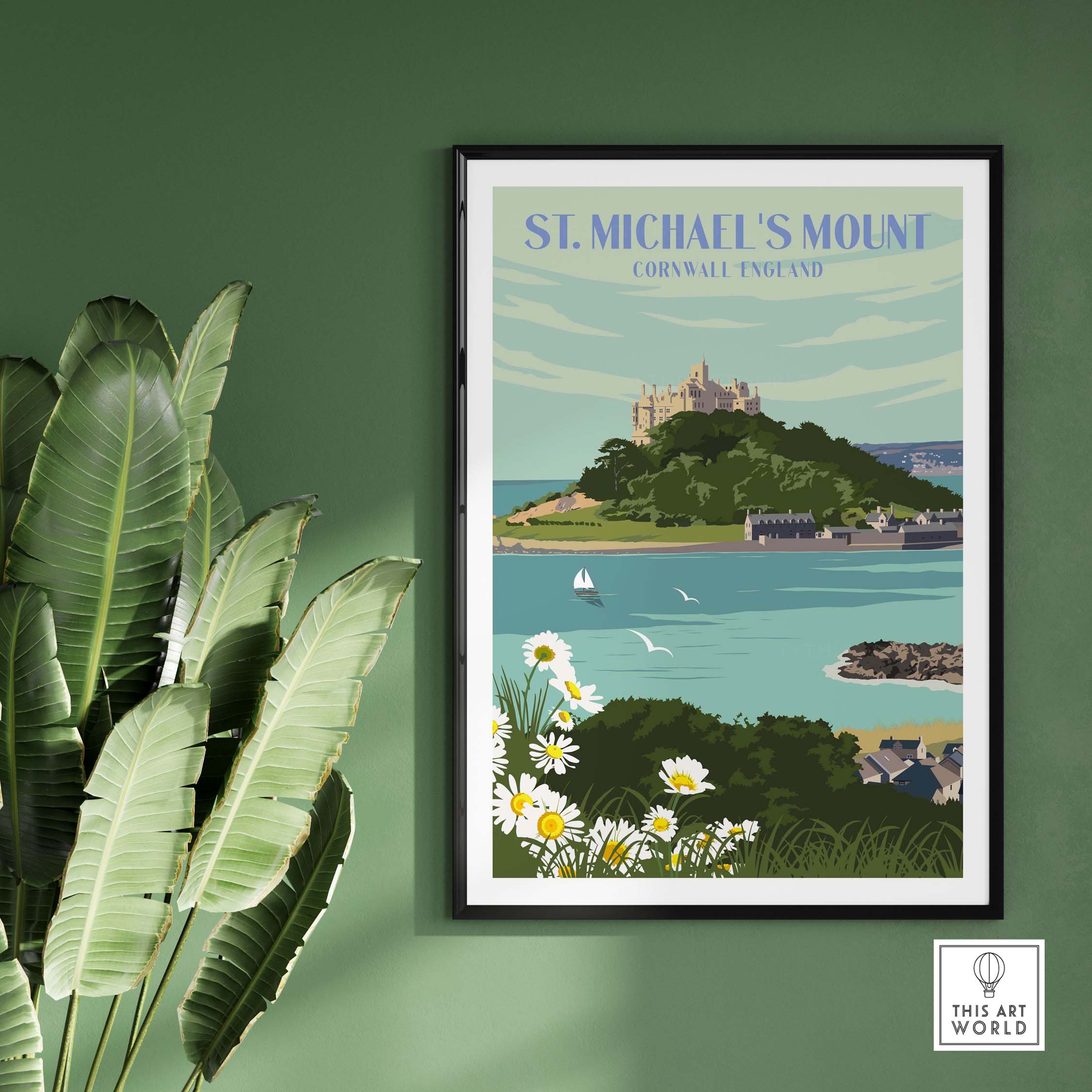 St. Michael's Mount print featuring a coastal view of Cornwall, framed artwork evoking vintage travel inspiration.