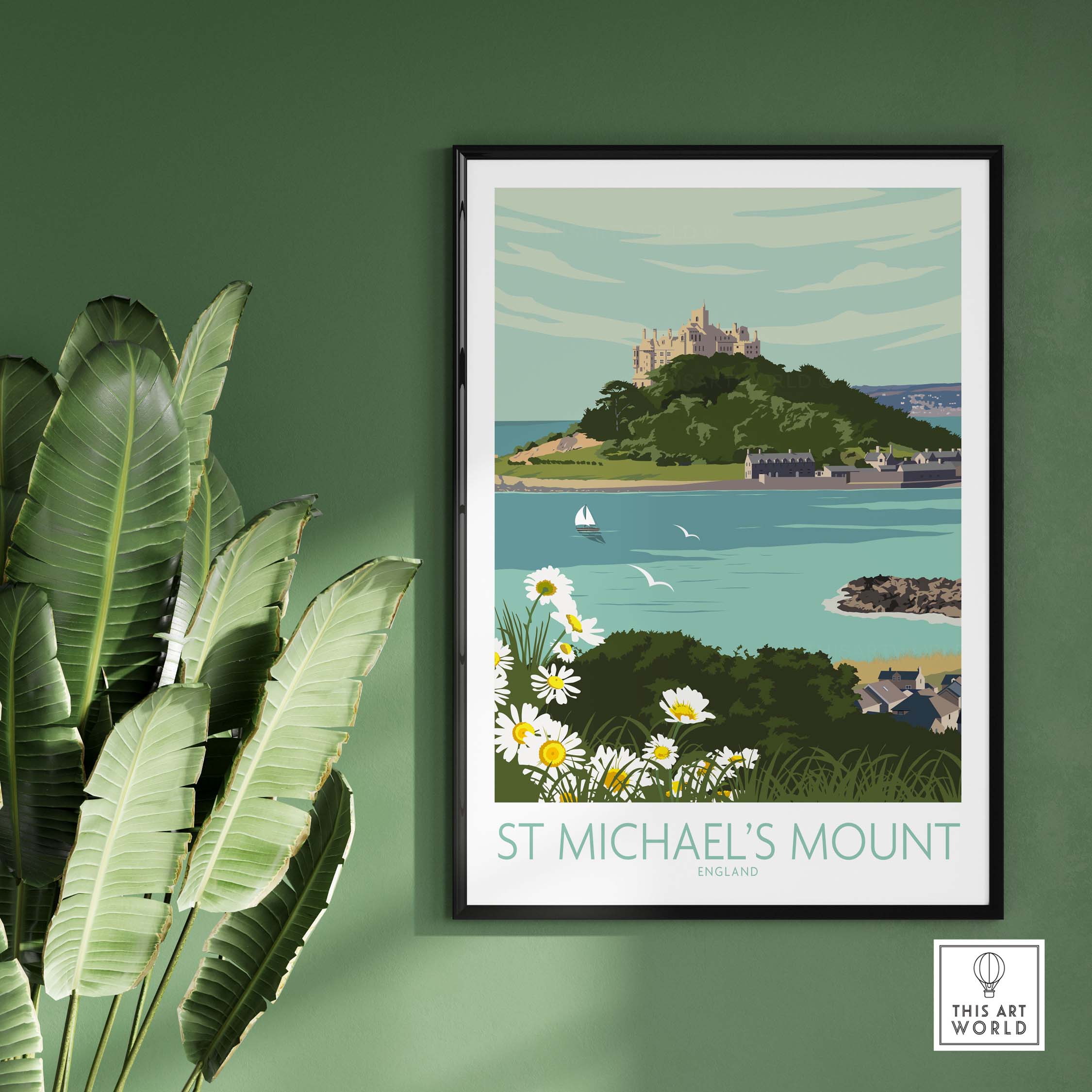 St Michael's Mount vintage travel poster art framed on wall with green background, featuring coastal landscape from Cornwall.