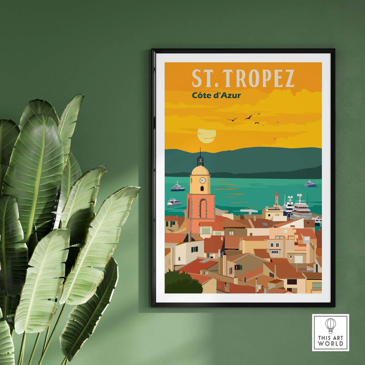 St Tropez France vintage travel poster art print featuring coastal scenery and vibrant sunset.