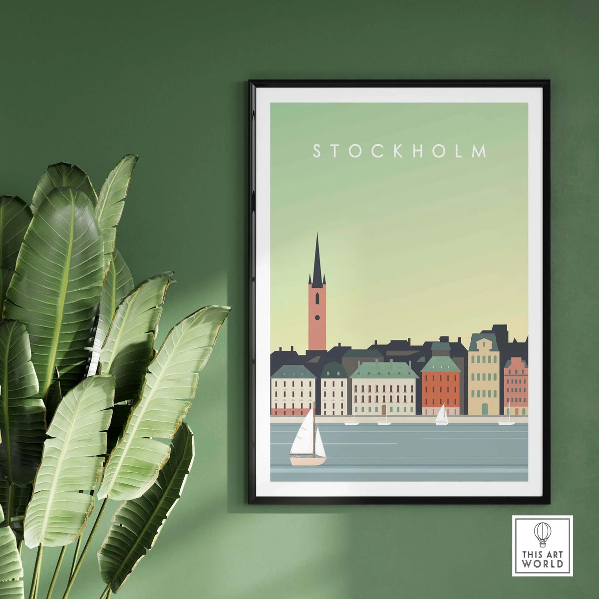 Stockholm Print Wall Art Poster featuring a colorful cityscape and sailboat, perfect for home or office decor.