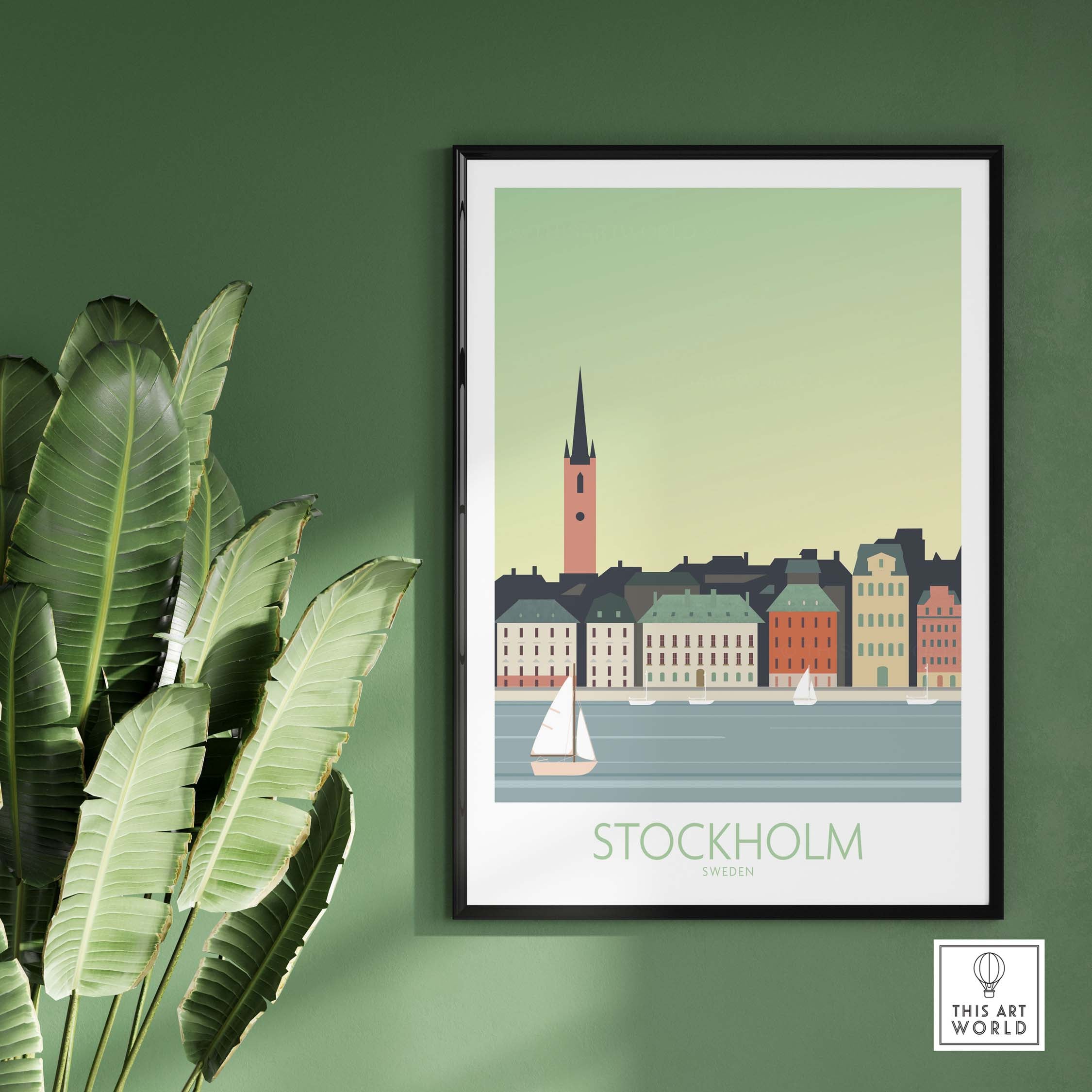 Stockholm Print Sweden Poster displayed on a green wall, featuring vintage travel art with colorful buildings and a sailboat.