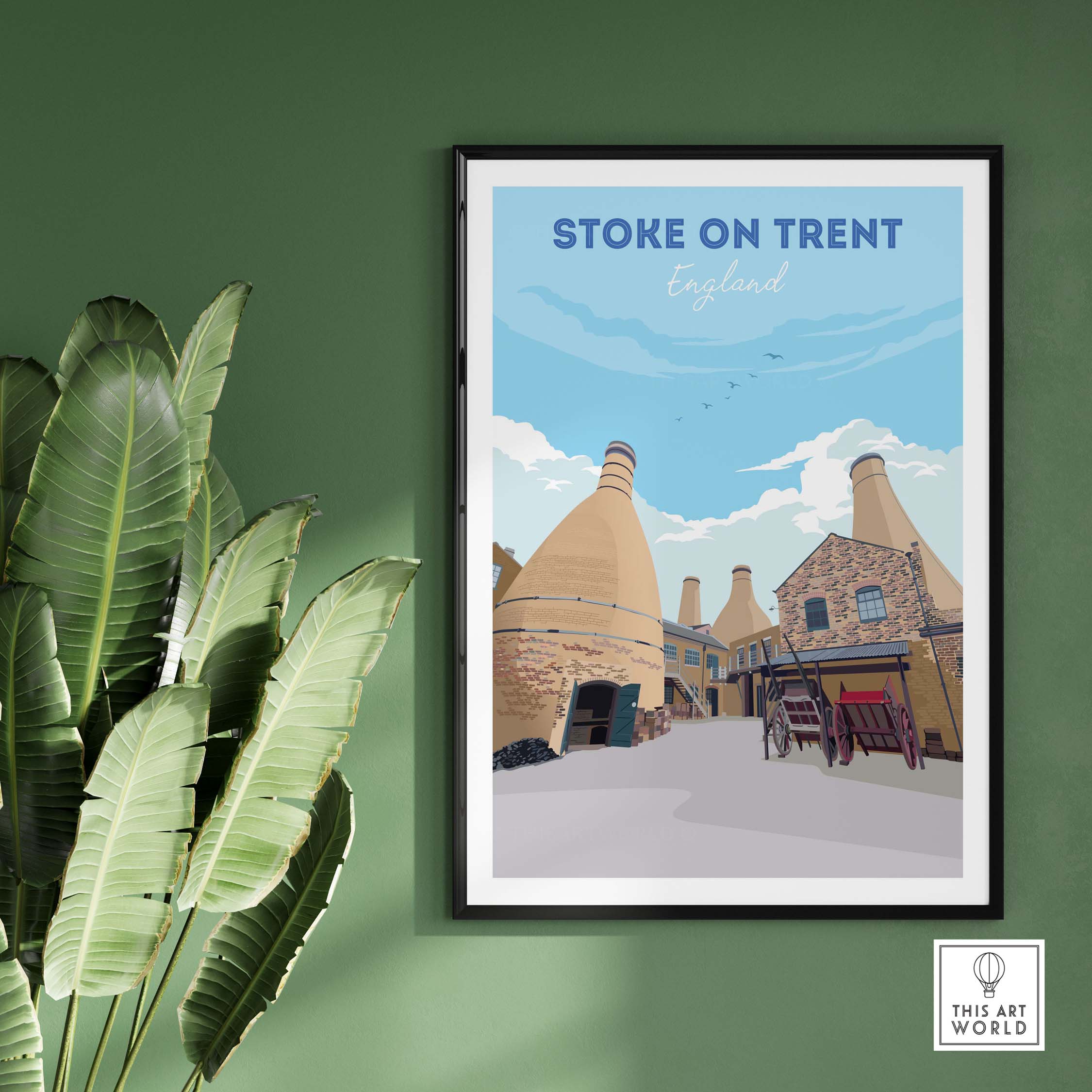 Stylish Stoke on Trent poster framed, showcasing iconic architecture of England with vibrant colors and a nostalgic design.