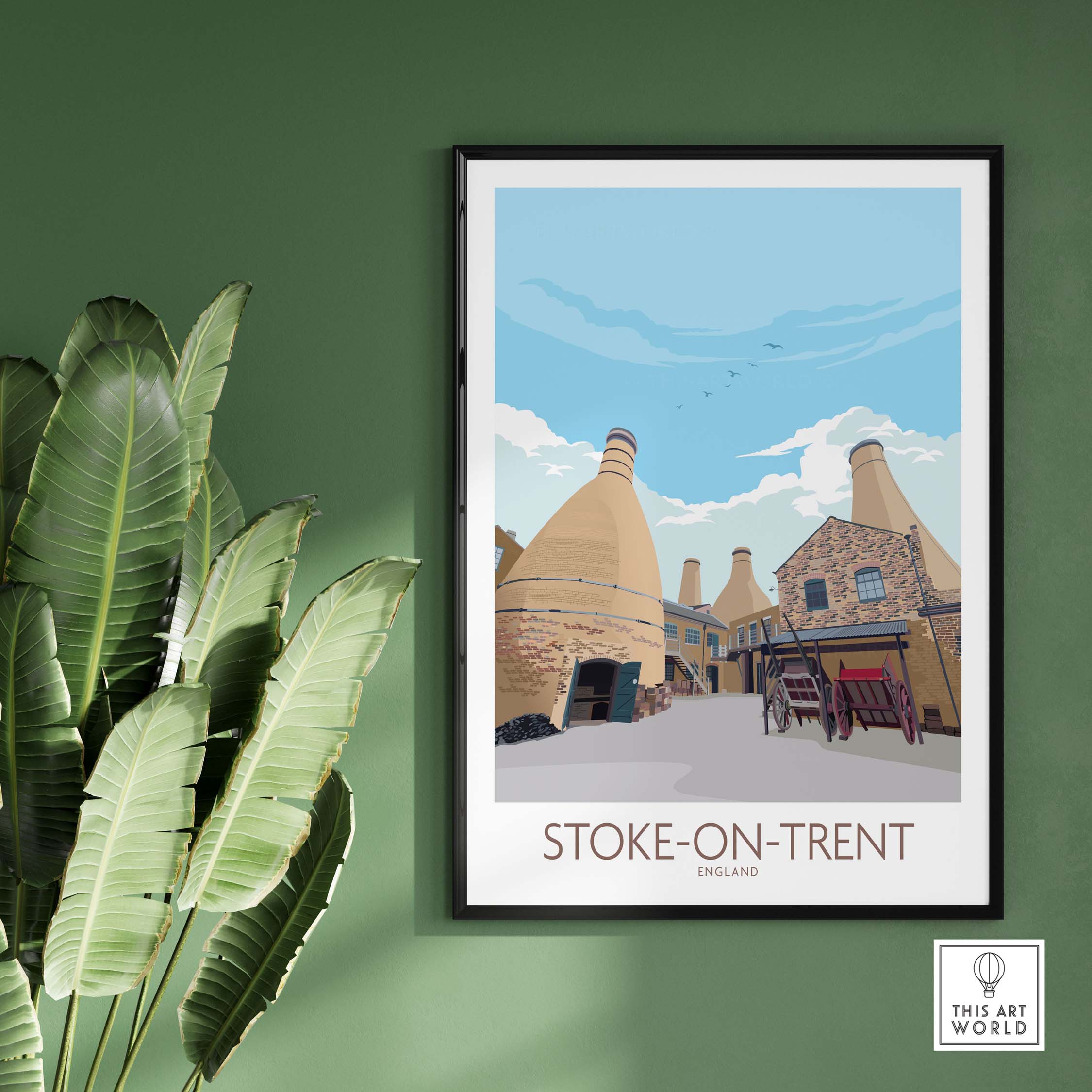 Vintage-inspired Stoke on Trent print featuring iconic pottery works and a clear blue sky, perfect wall art for home decor.