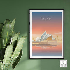 Sydney Wall Art Poster featuring the iconic Sydney Opera House against a colorful sunset backdrop.