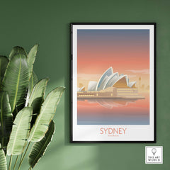 Sydney Australia wall art poster featuring the iconic Opera House in soft colors, framed against a green wall.