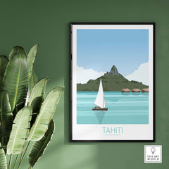 Tahiti art print travel poster featuring a sailboat and tropical scenery, perfect for home or office decor.