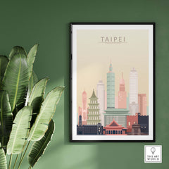 Taipei skyline wall art print featuring iconic buildings in pastel tones, perfect for modern home decor.