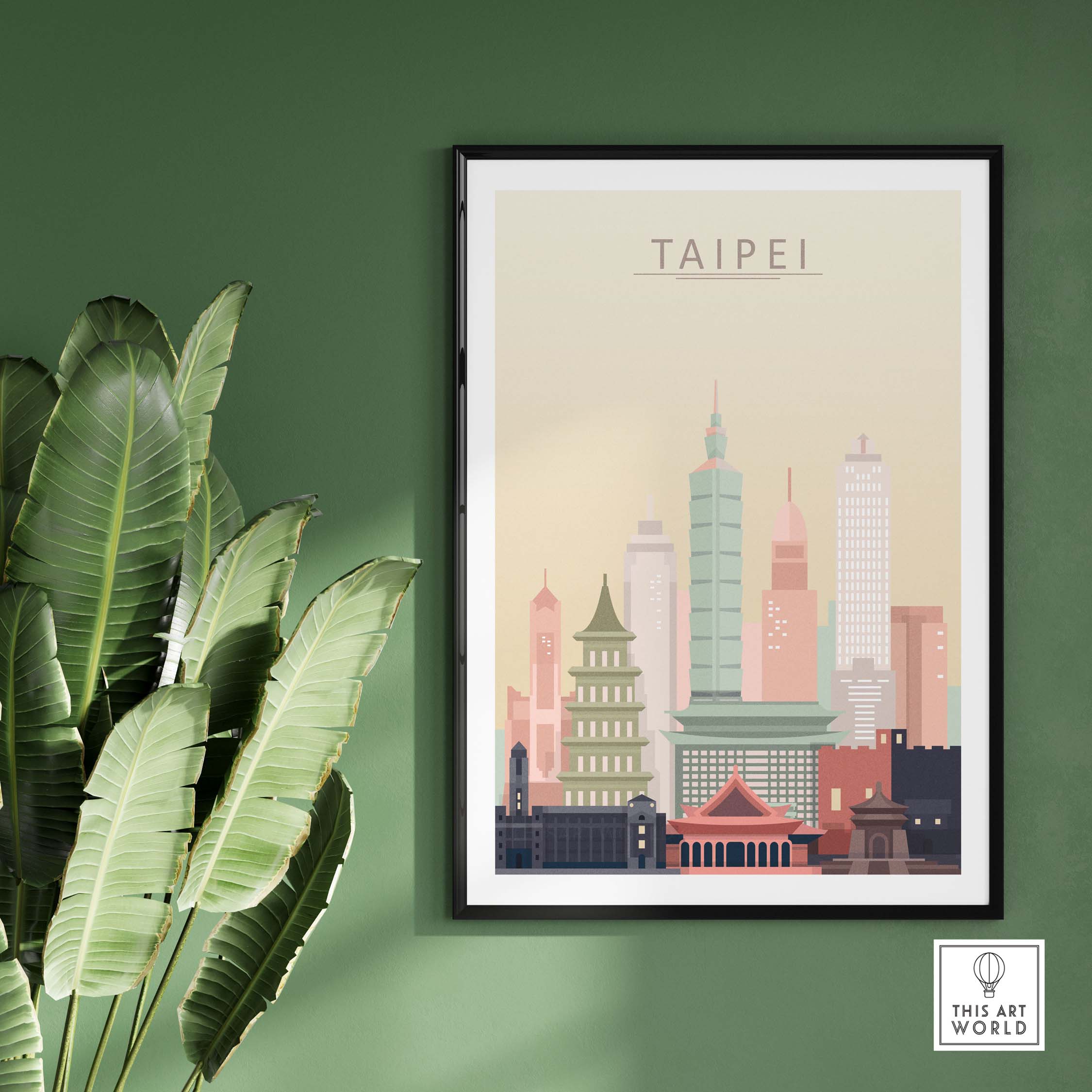 Taipei skyline wall art print featuring iconic buildings in pastel tones, perfect for modern home decor.