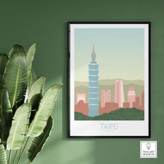 Taipei Print Taiwan Travel Poster featuring Taipei 101 and skyline, framed artwork on a green wall.