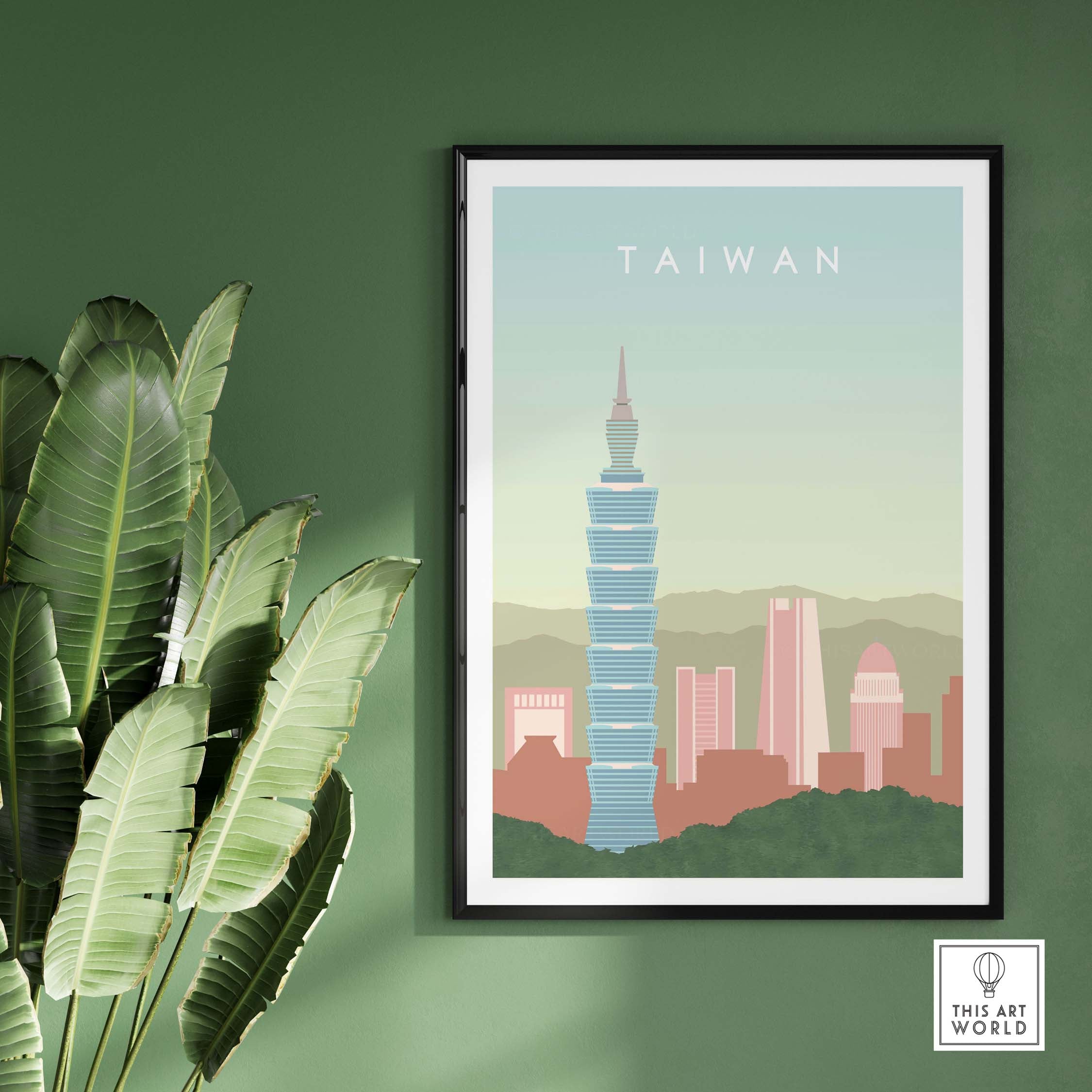 Taiwan poster print depicting Taipei 101 with vintage aesthetic and tropical plants in green interior.