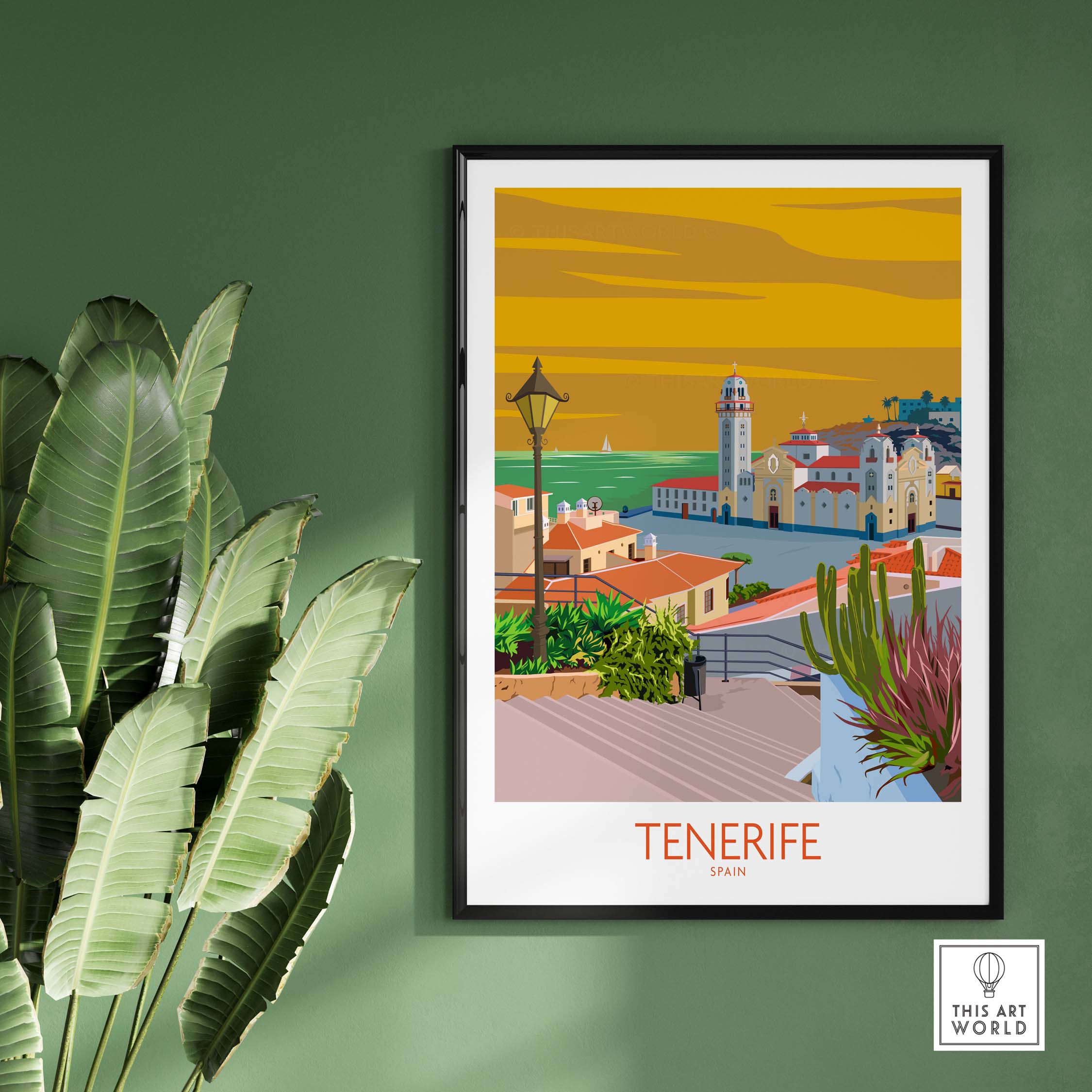 Tenerife poster print featuring vibrant coastal scenery of Spain, framed artwork on green wall.