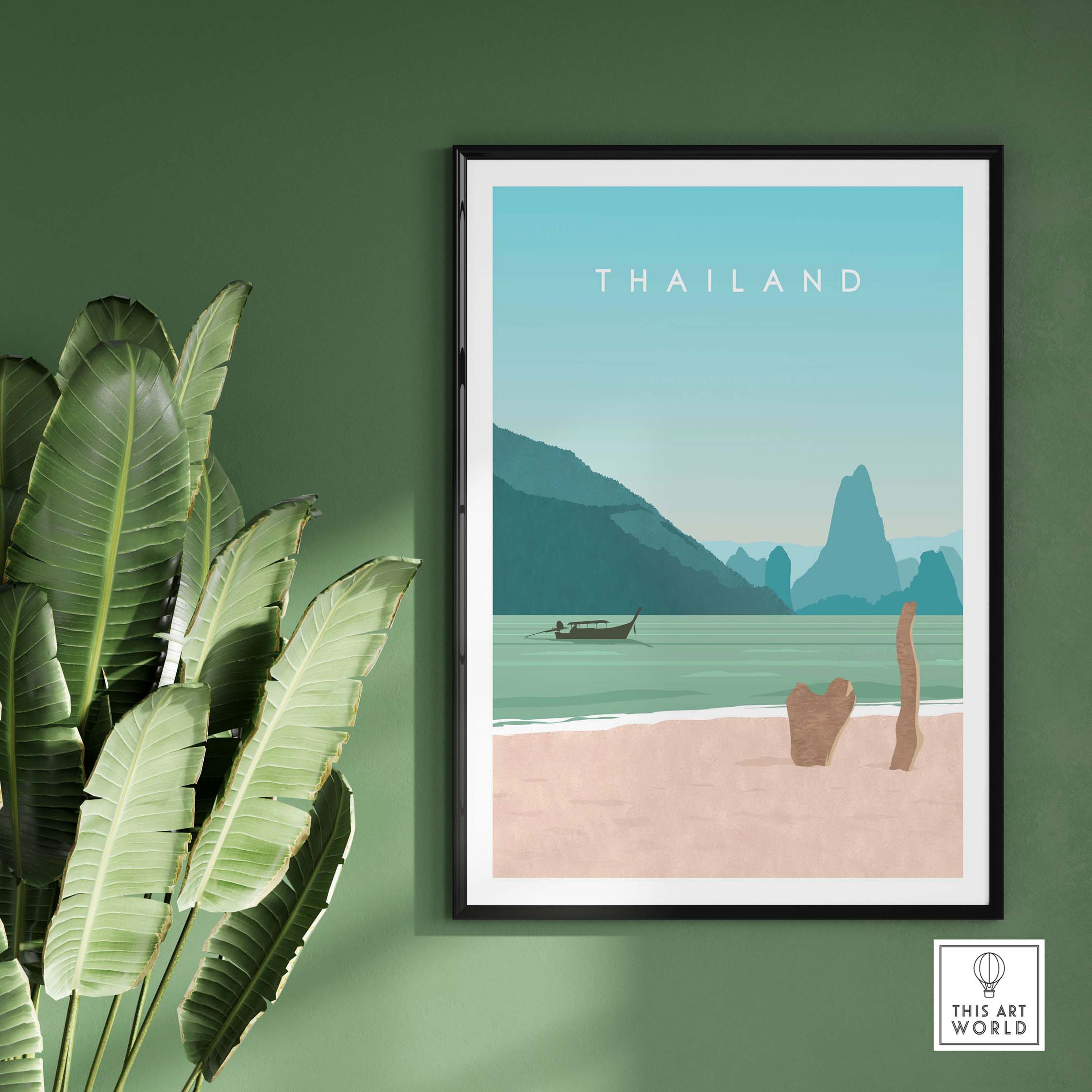 Thailand Print Wall Art Poster featuring serene beach scene and mountains, perfect for home decor.