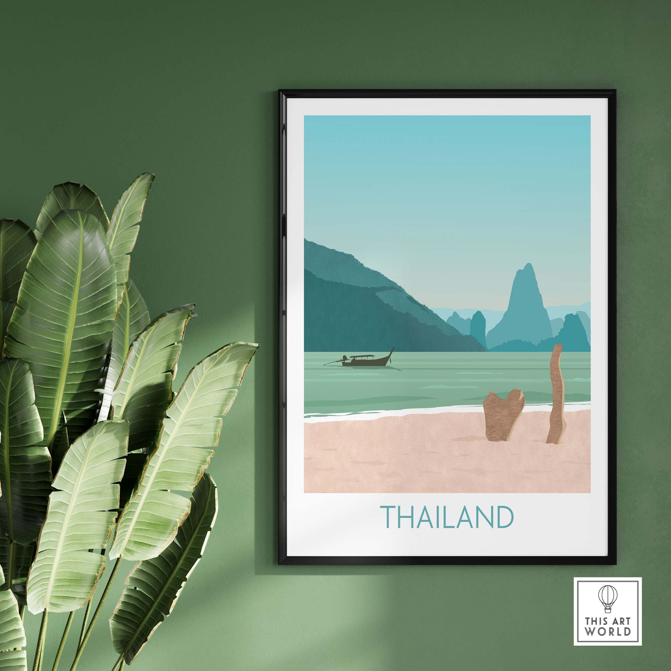 Thailand Print Travel Poster featuring a serene beach and mountains, ideal for tropical home decor.