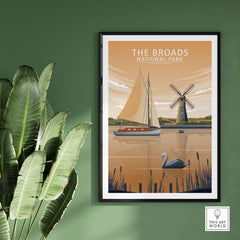 The Broads National Park poster showcasing a sailboat and windmill, perfect for home or office decor.