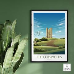 The Cotswolds Print featuring a castle and lush landscape, framed artwork for travel-inspired home decor.