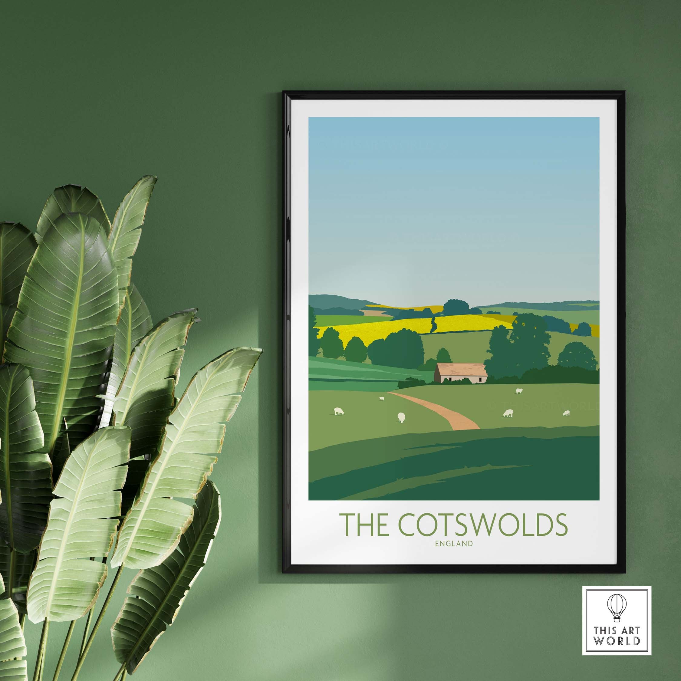 Cotswolds travel poster framed, showcasing scenic English countryside with hills, fields, and sheep, perfect for wall decor.