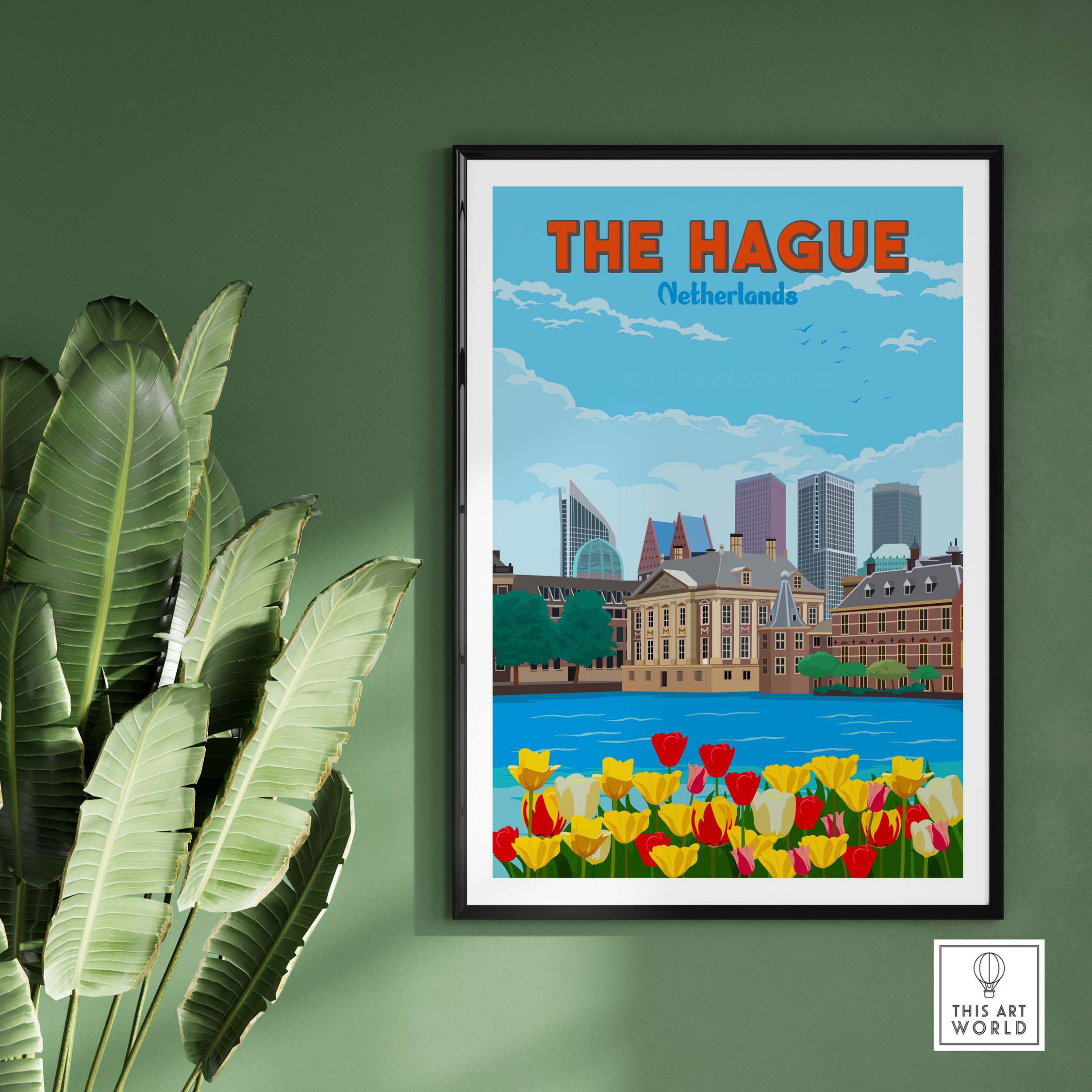The Hague Netherlands wall art featuring vibrant tulips and iconic city skyline in a minimalist vintage style.