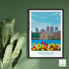 The Hague Netherlands poster featuring vibrant tulips and city skyline in a minimalist design.
