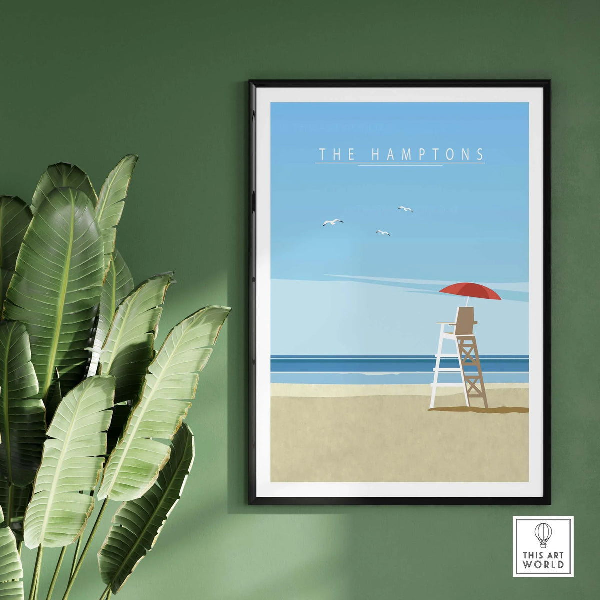 The Hamptons Print showcasing a minimalist beach scene with a lifeguard tower and palm leaves.