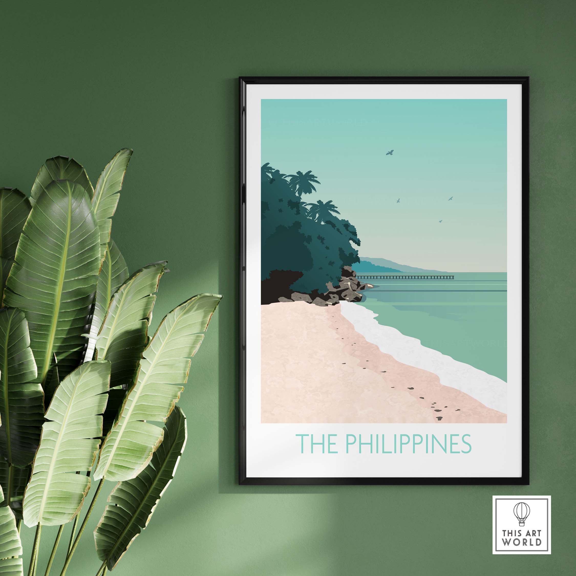 Philippines Print Travel Poster featuring beach, palm trees, and serene ocean view in modern design.