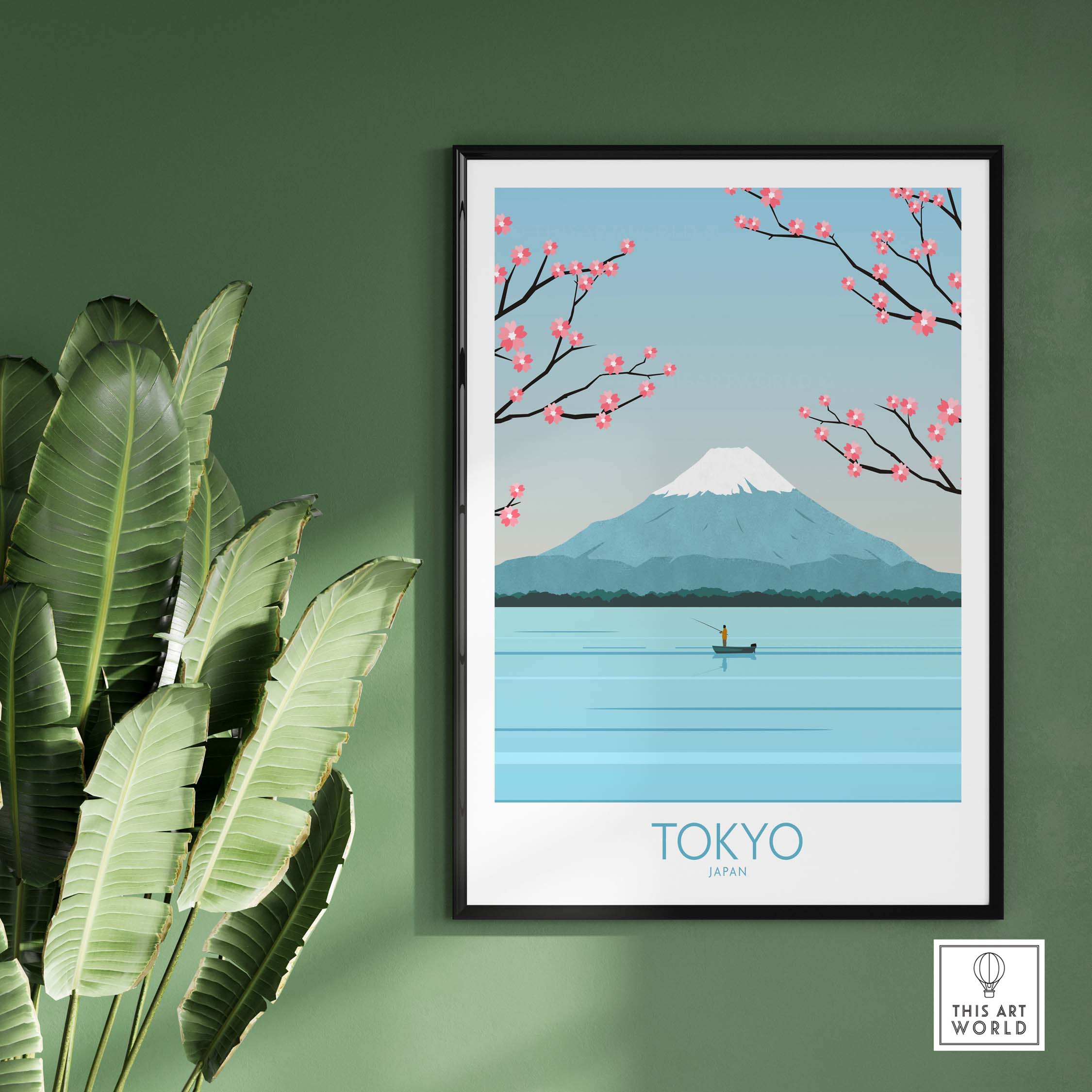Tokyo travel poster featuring cherry blossoms and Mount Fuji, ideal for stylish home or office decor.